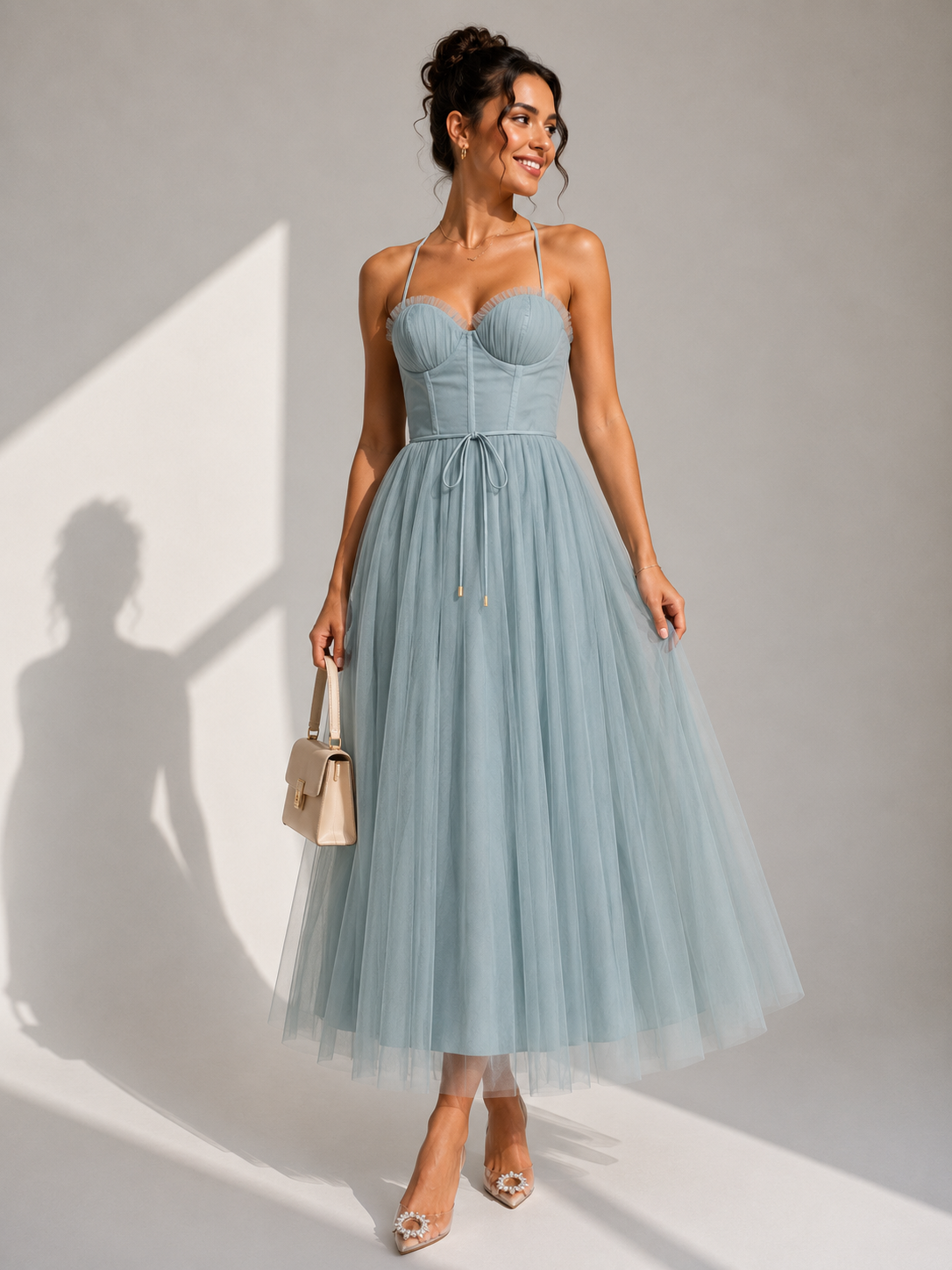 Elowina | Elegant tulle midi dress with open back and corset detail