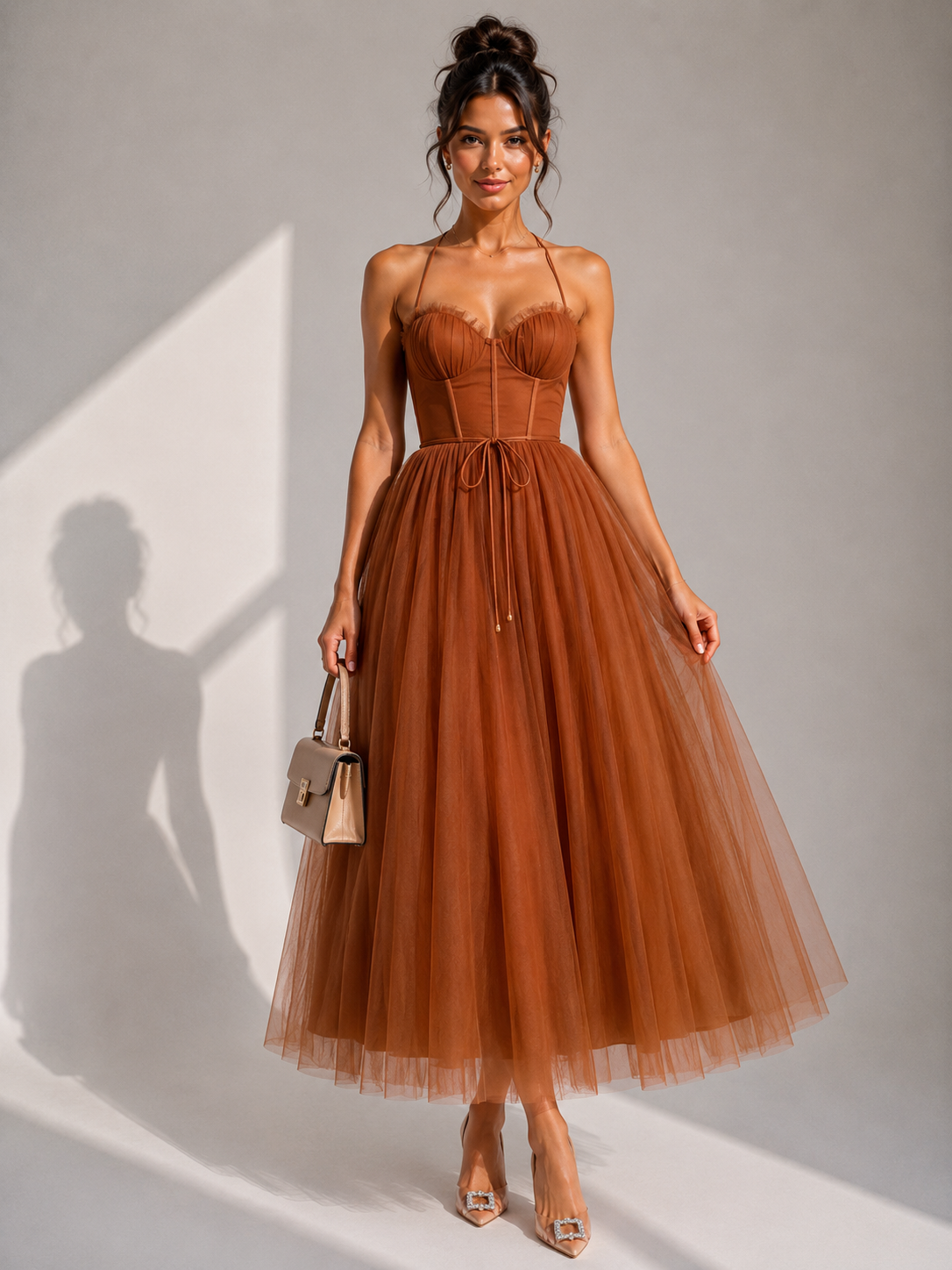 Elowina | Elegant tulle midi dress with open back and corset detail