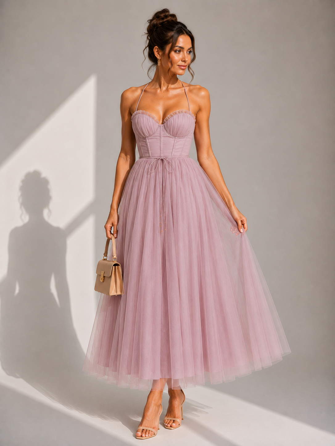Elowina | Elegant tulle midi dress with open back and corset detail