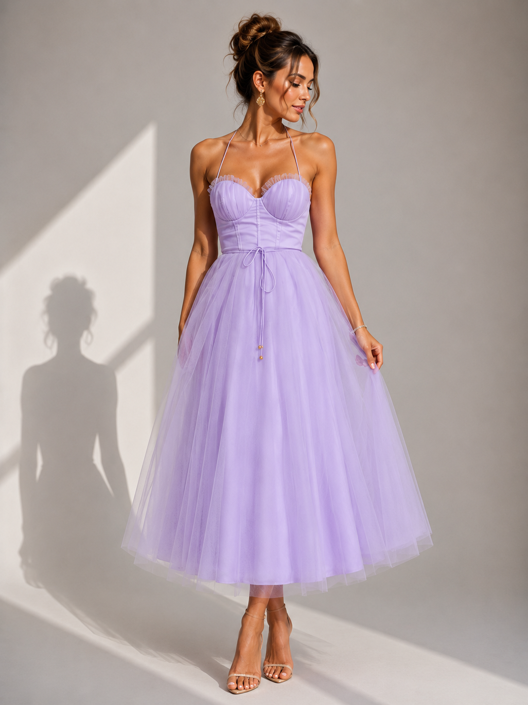 Elowina | Elegant tulle midi dress with open back and corset detail