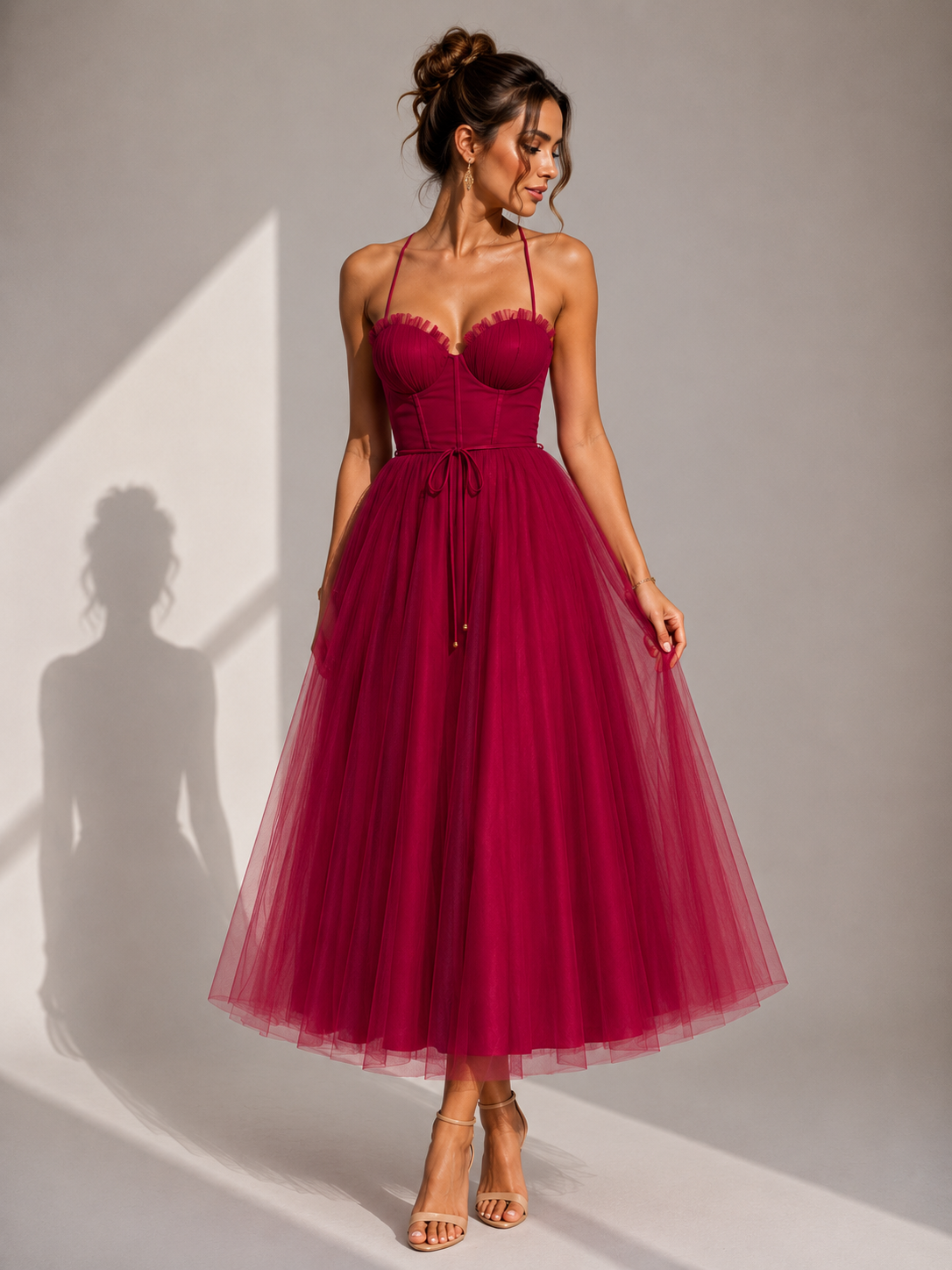 Elowina | Elegant tulle midi dress with open back and corset detail