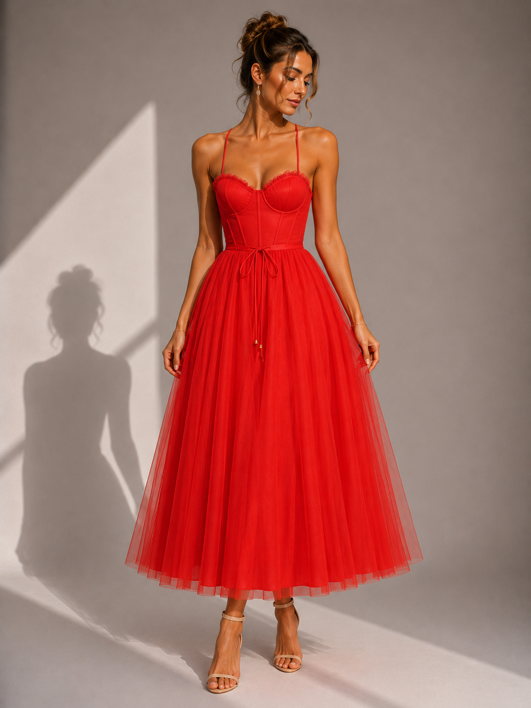 Elowina | Elegant tulle midi dress with open back and corset detail
