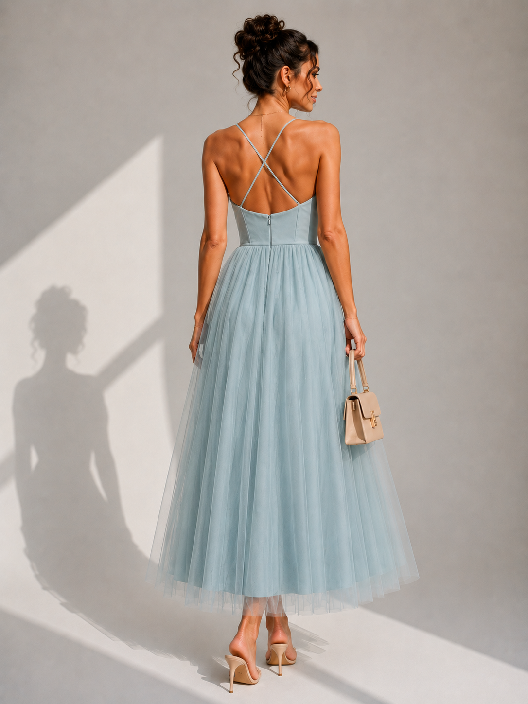 Elowina | Elegant tulle midi dress with open back and corset detail