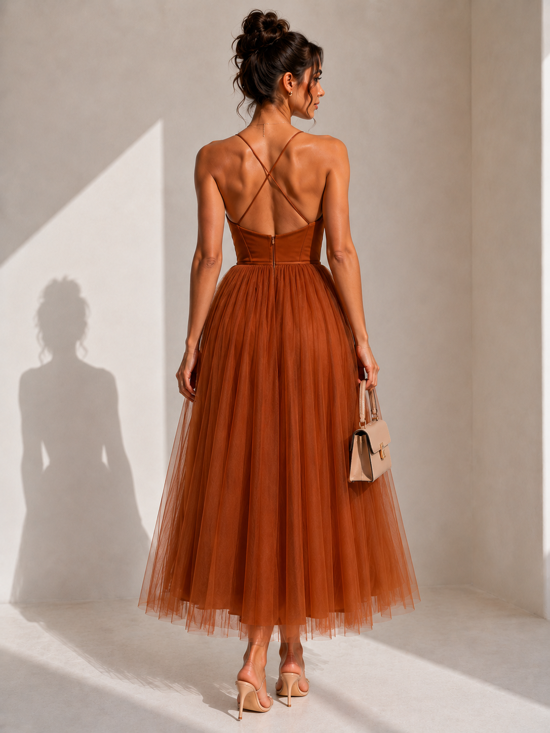Elowina | Elegant tulle midi dress with open back and corset detail