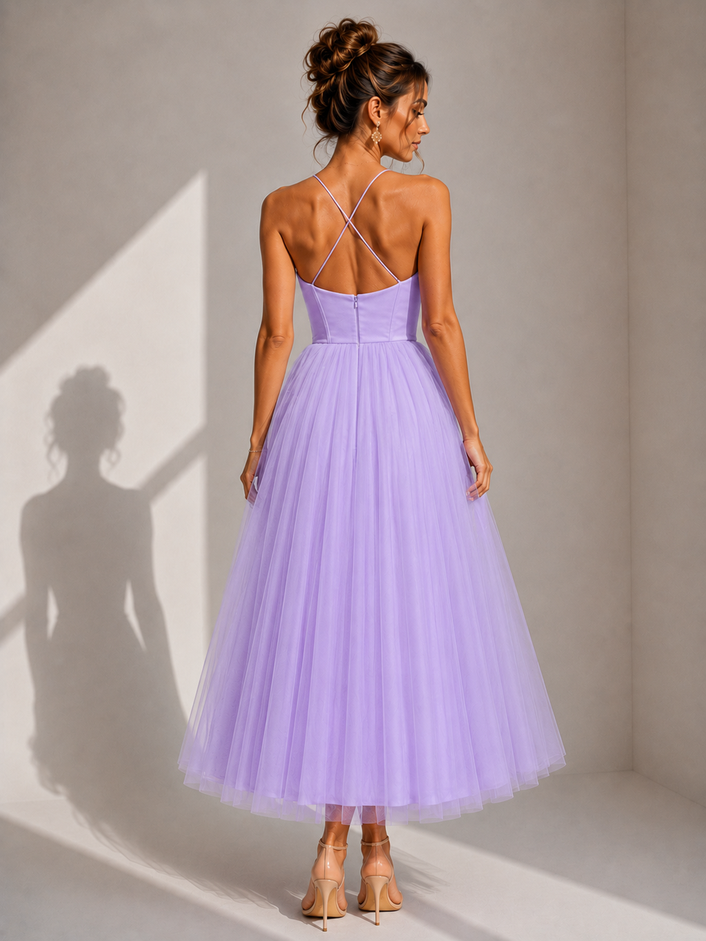 Elowina | Elegant tulle midi dress with open back and corset detail