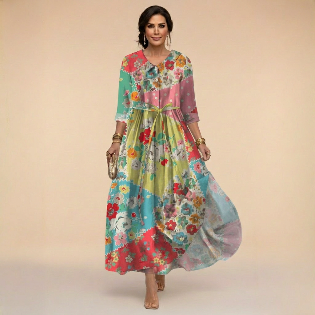 Multicolored Flower Dress in Patchwork Style