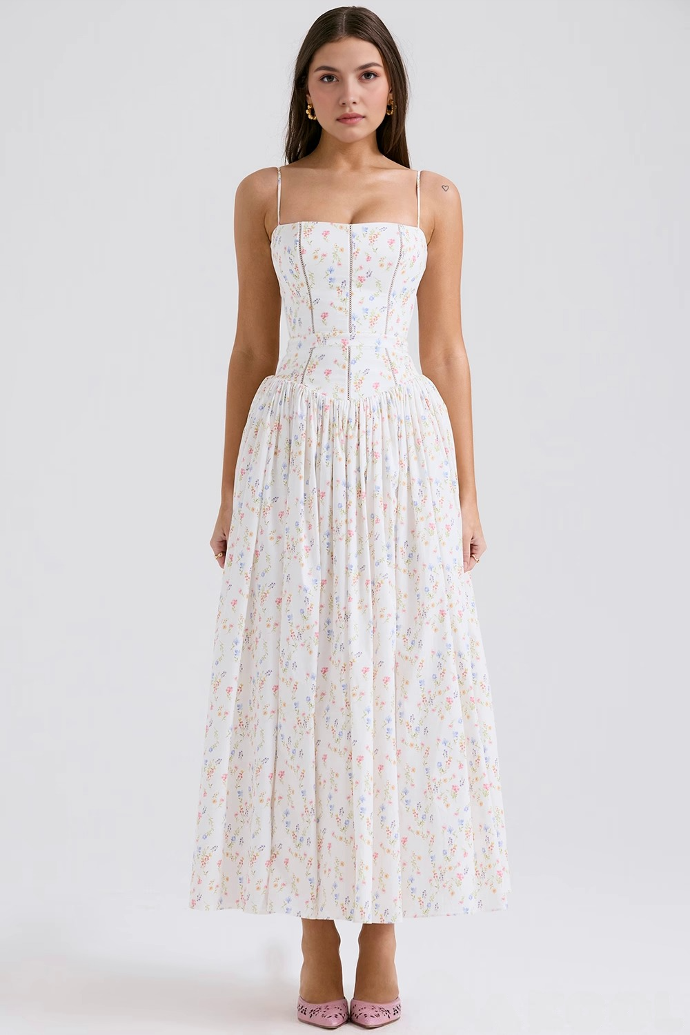 Maxi Dress with Thin Straps and Floral Pattern