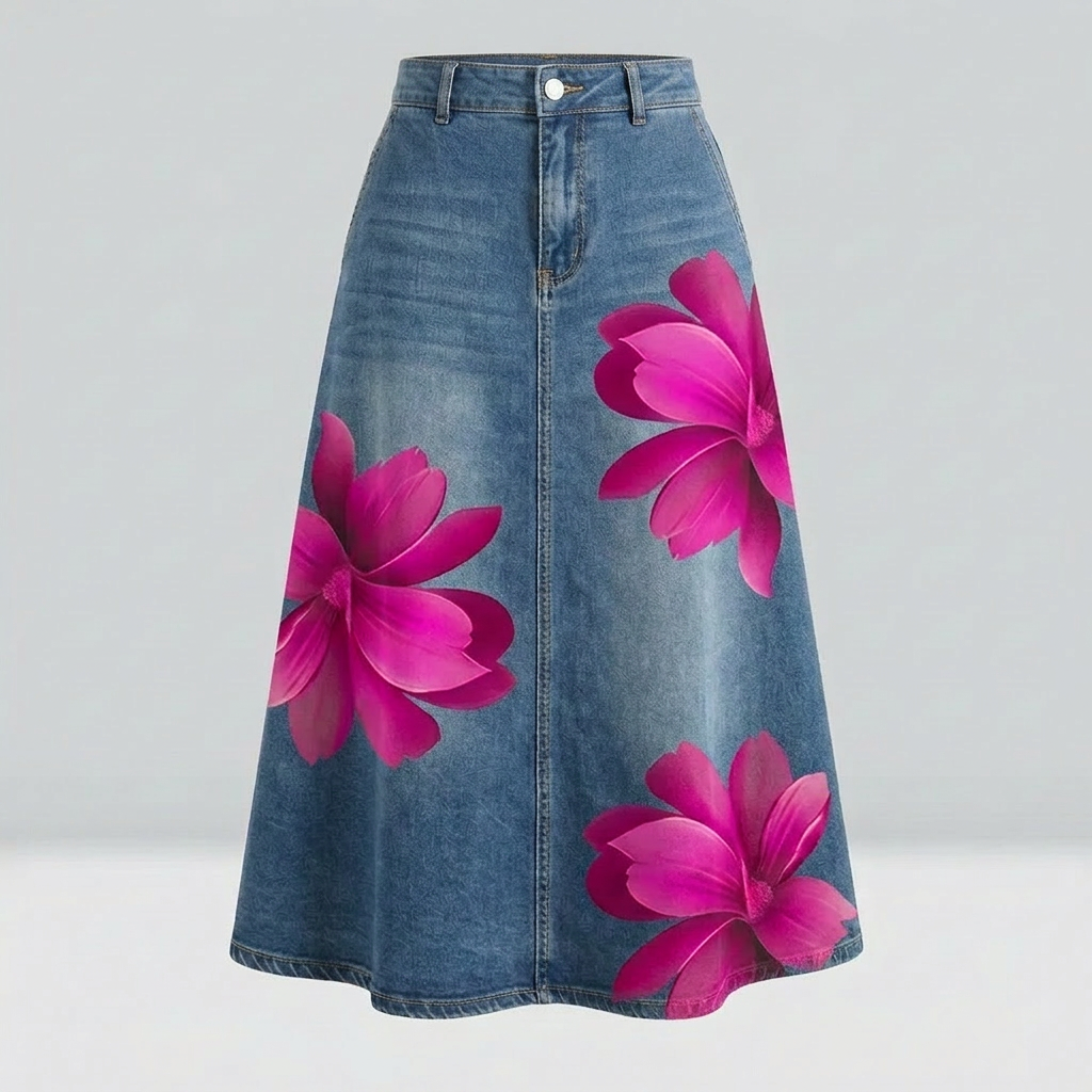 Clara | Floral Print Denim Midi Skirt