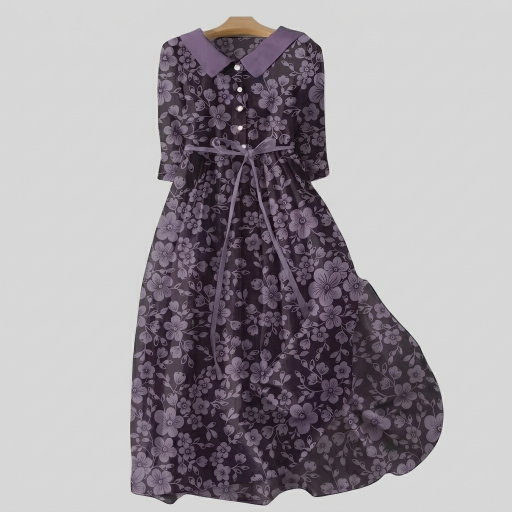 Violet - Floral Print Collared Maxi Dress with Bow Tie