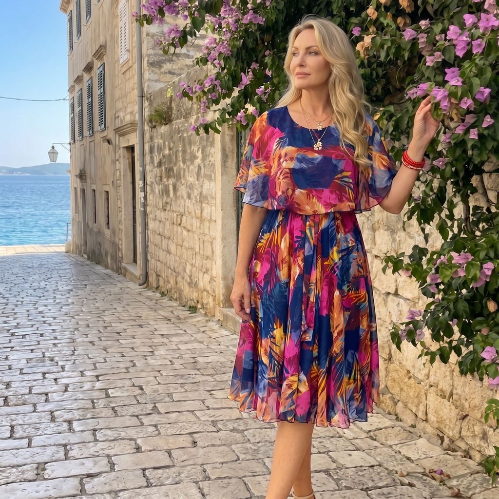 Maria | Floral Cape Overlay Midi Dress