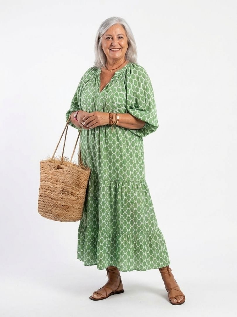 Apolline | Midi Dress with Three-Quarter Sleeves and V-Neckline, Patterned