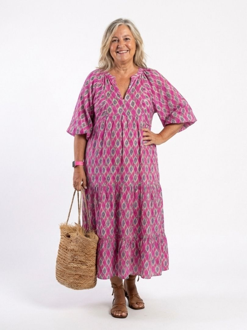 Apolline | Midi Dress with Three-Quarter Sleeves and V-Neckline, Patterned