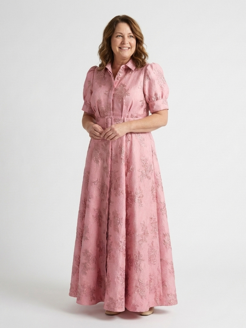 Xanthea | Maxi Dress with Short Sleeves, Belt and Floral Texture