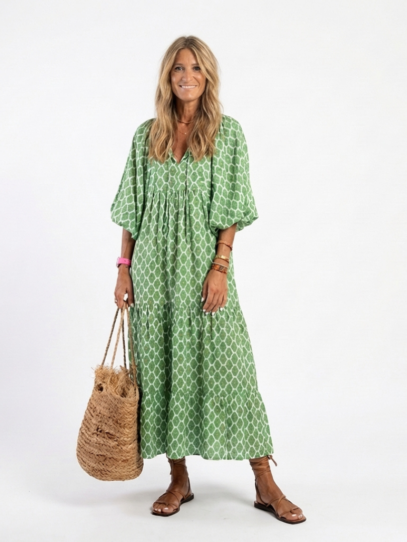 Apolline | Midi Dress with Three-Quarter Sleeves and V-Neckline, Patterned