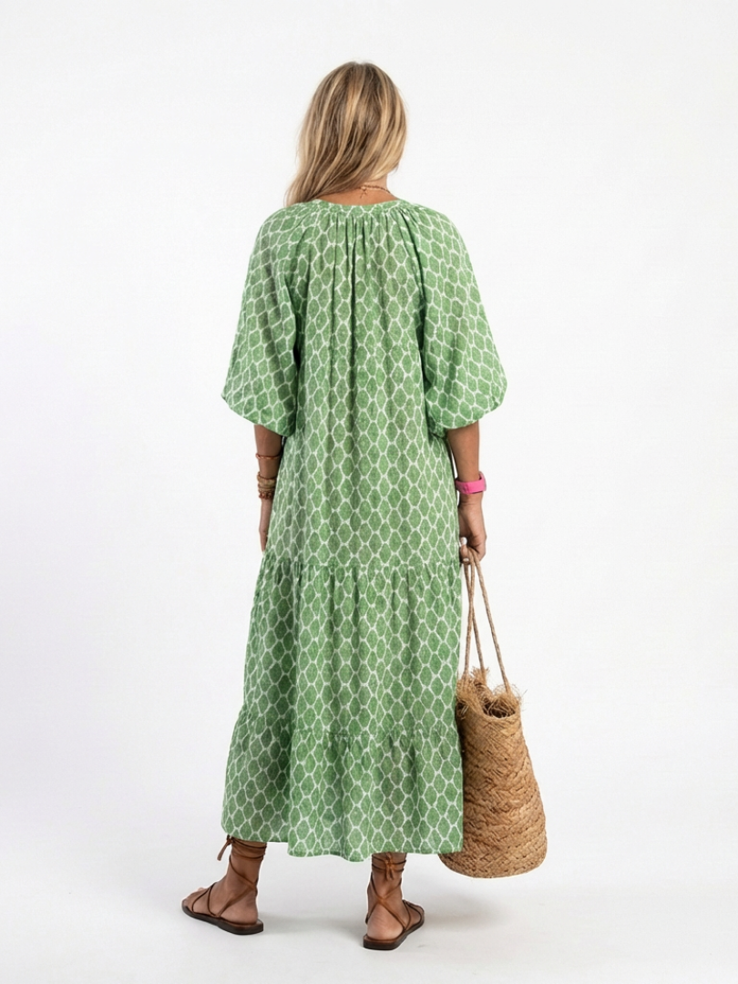 Apolline | Midi Dress with Three-Quarter Sleeves and V-Neckline, Patterned