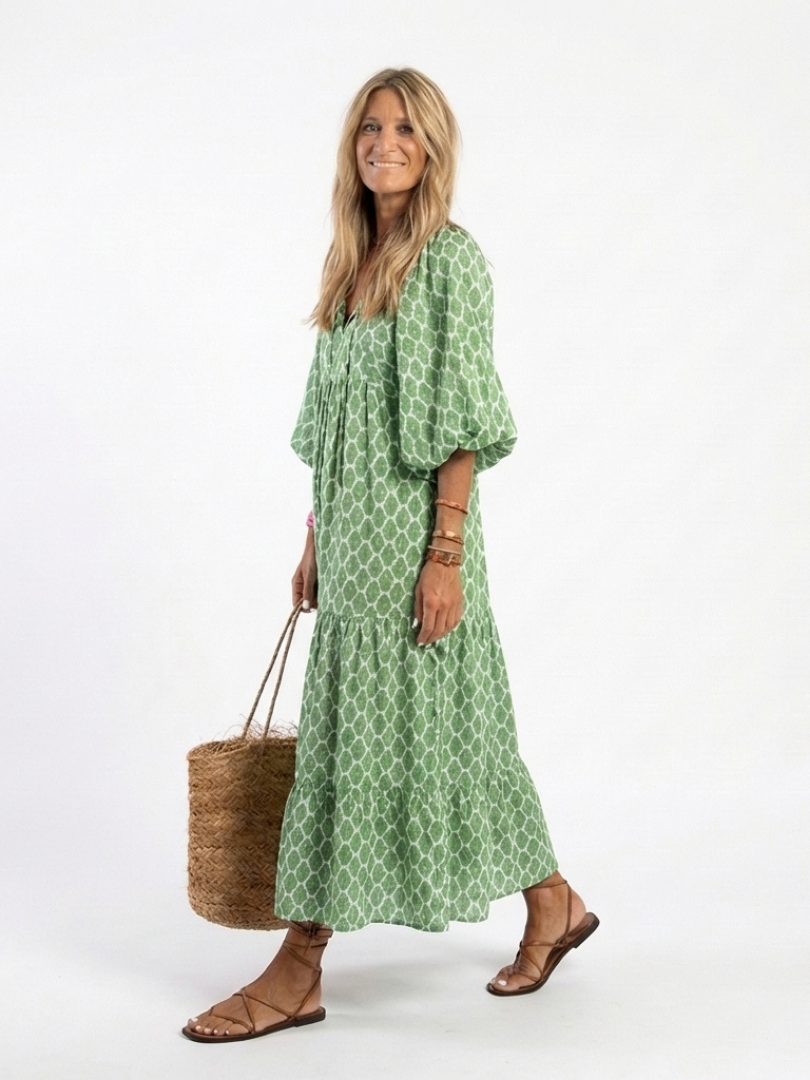 Apolline | Midi Dress with Three-Quarter Sleeves and V-Neckline, Patterned