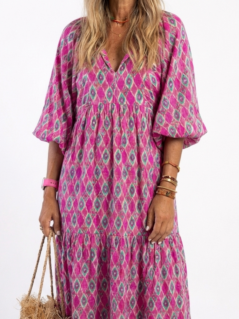 Apolline | Midi Dress with Three-Quarter Sleeves and V-Neckline, Patterned