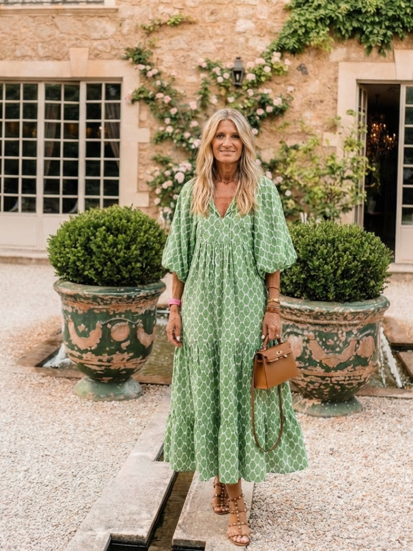 Apolline | Midi Dress with Three-Quarter Sleeves and V-Neckline, Patterned