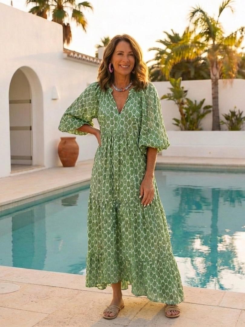 Apolline | Midi Dress with Three-Quarter Sleeves and V-Neckline, Patterned