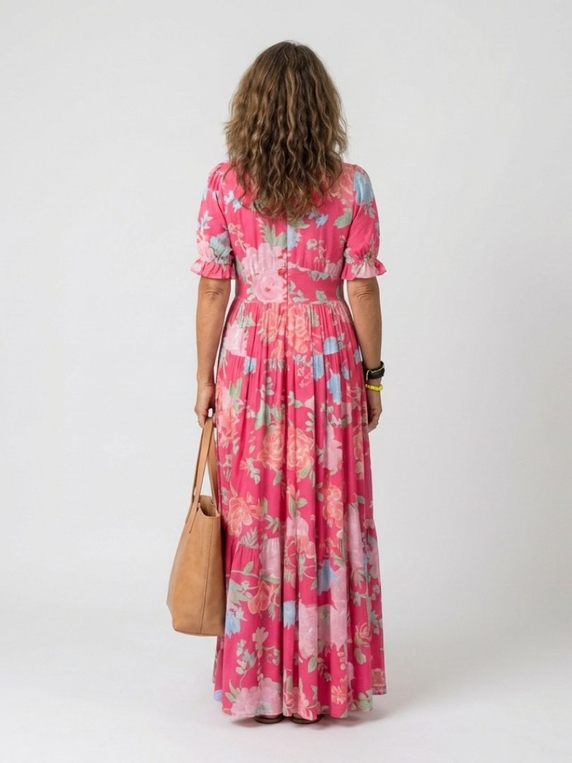 Ione | Floral Midi Dress with Short Sleeves and V-Neckline
