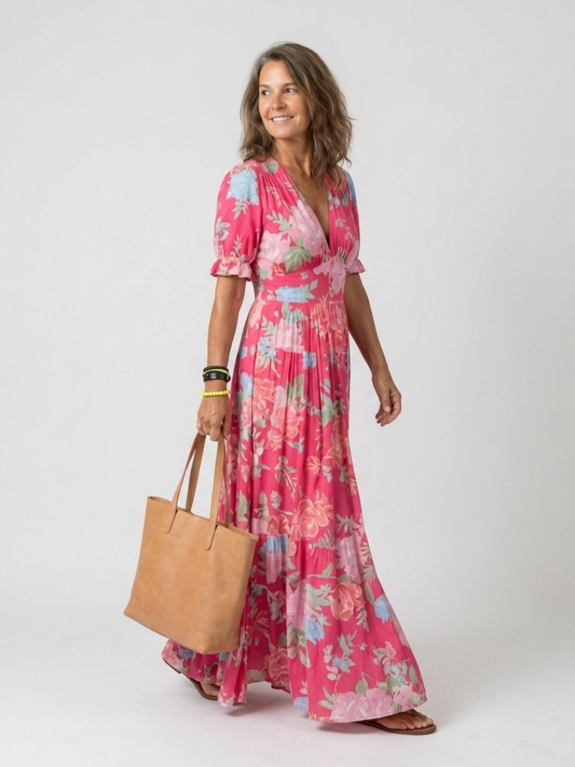 Ione | Floral Midi Dress with Short Sleeves and V-Neckline