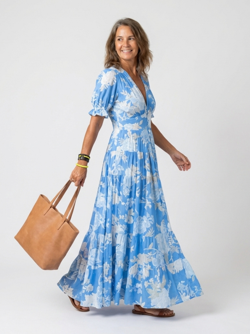 Ione | Midi Dress with Short Sleeves and V-Neck with Flowers