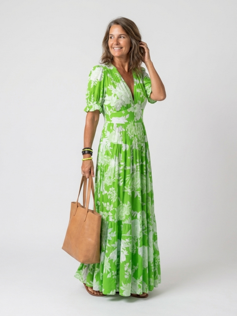 Ione | Midi Dress with Short Sleeves and V-Neck with Flowers