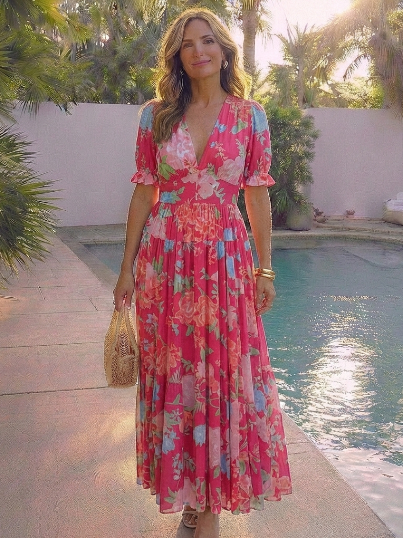 Ione | Floral Midi Dress with Short Sleeves and V-Neckline