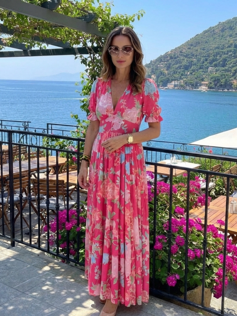 Ione | Floral Midi Dress with Short Sleeves and V-Neckline
