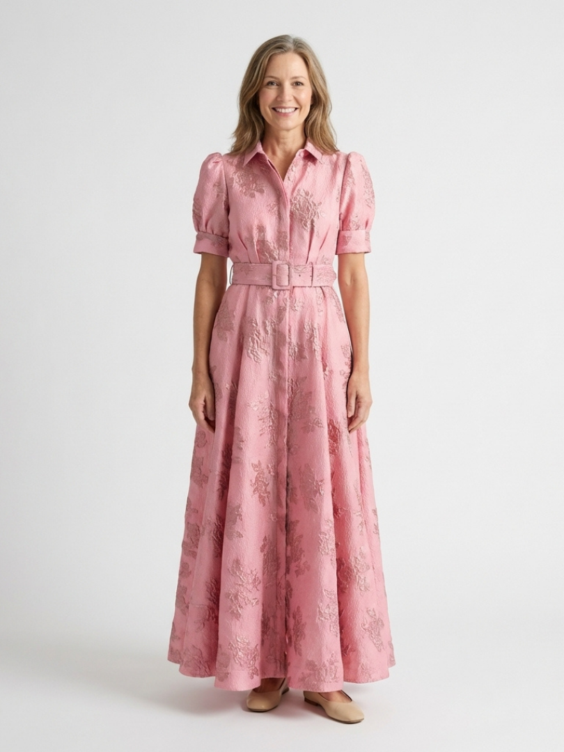 Xanthea | Maxi Dress with Short Sleeves, Belt and Floral Texture