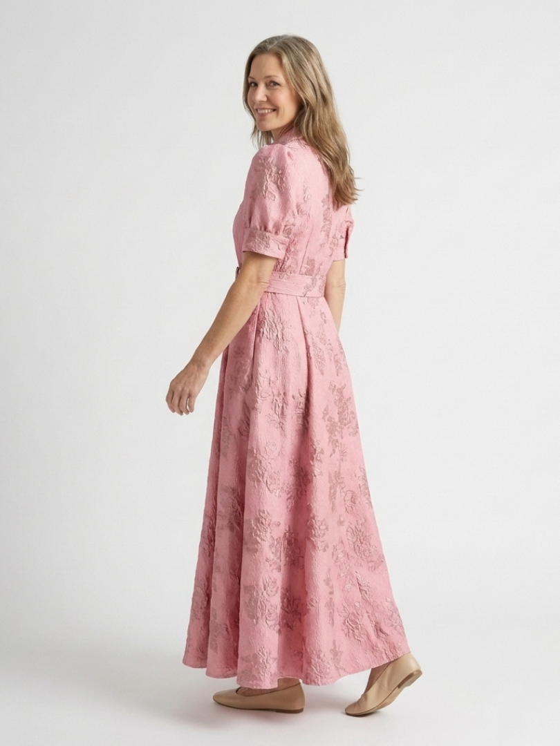 Xanthea | Maxi Dress with Short Sleeves, Belt and Floral Texture