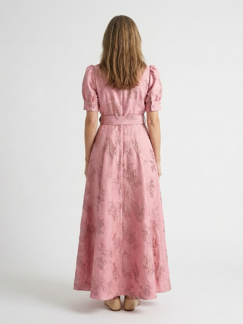 Xanthea | Maxi Dress with Short Sleeves, Belt and Floral Texture