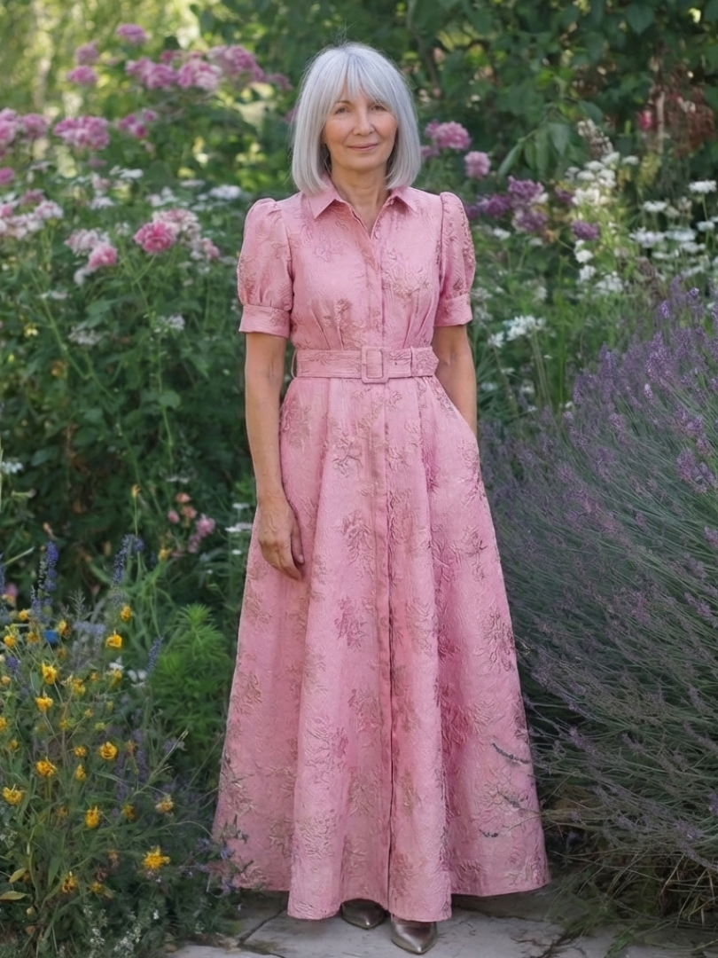 Xanthea | Maxi Dress with Short Sleeves, Belt and Floral Texture