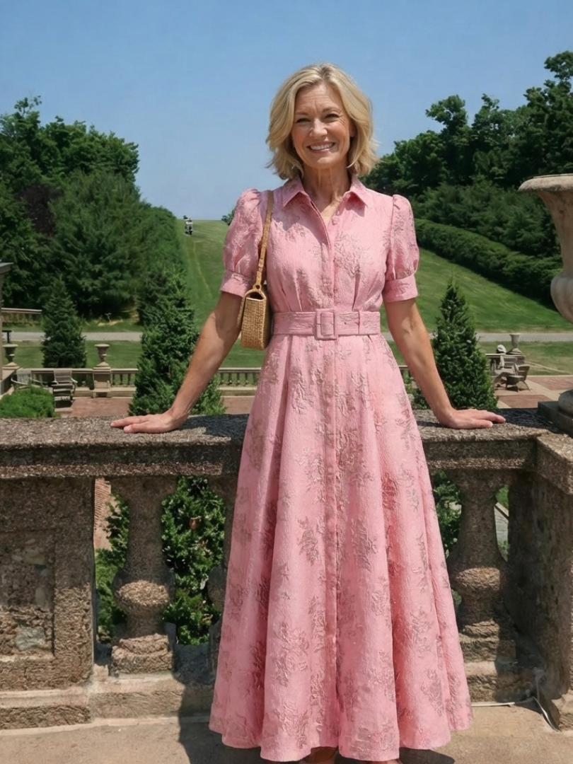 Xanthea | Maxi Dress with Short Sleeves, Belt and Floral Texture