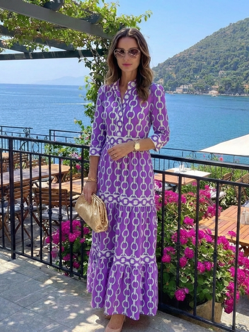 Ysolde | Midi Dress with Three-Quarter Sleeves and Chain Print