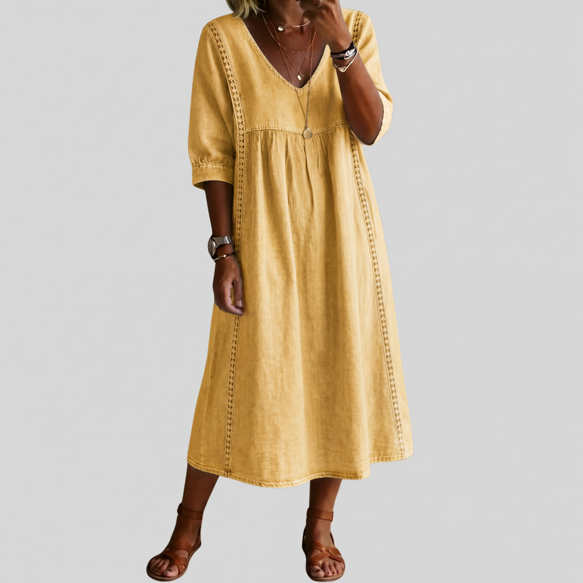 Elena – Elegant Lace Trim Dress in Cotton-Linen Blend