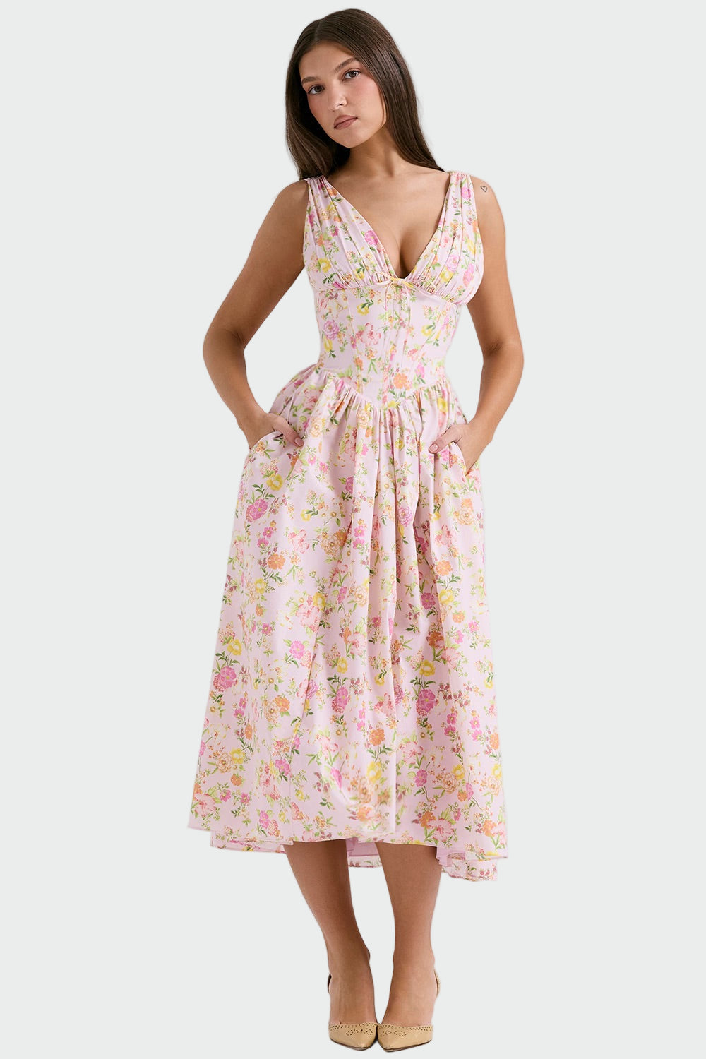 Rochie Midi cu Flori Romantice