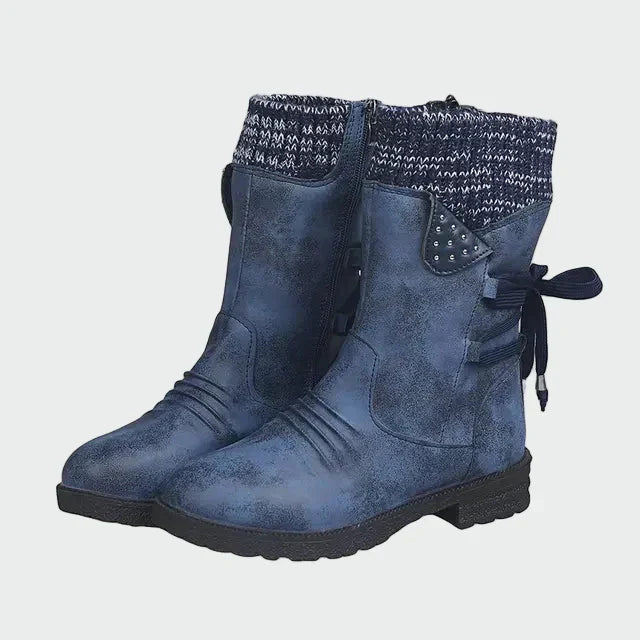 Victoria | Cizme Scurte din Piele Întoarsă Albastră cu Detalii Tricotate