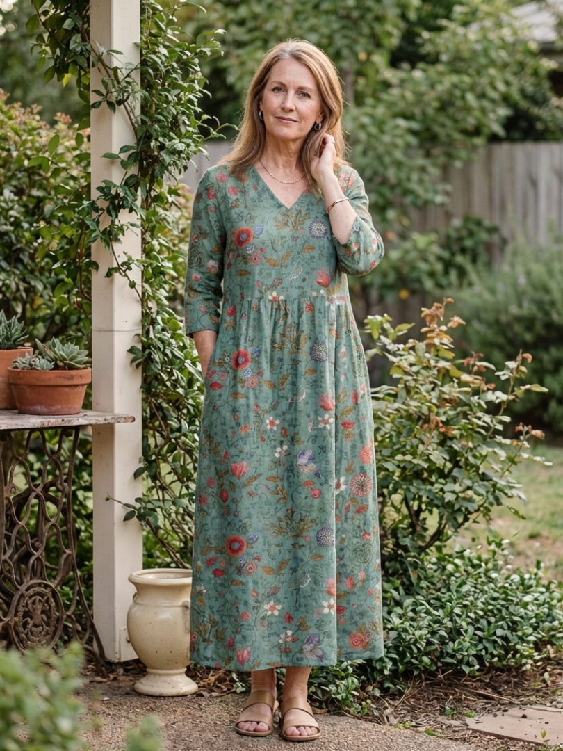 Marina | Three-Quarter Sleeve V-Neck Floral Maxi Dress