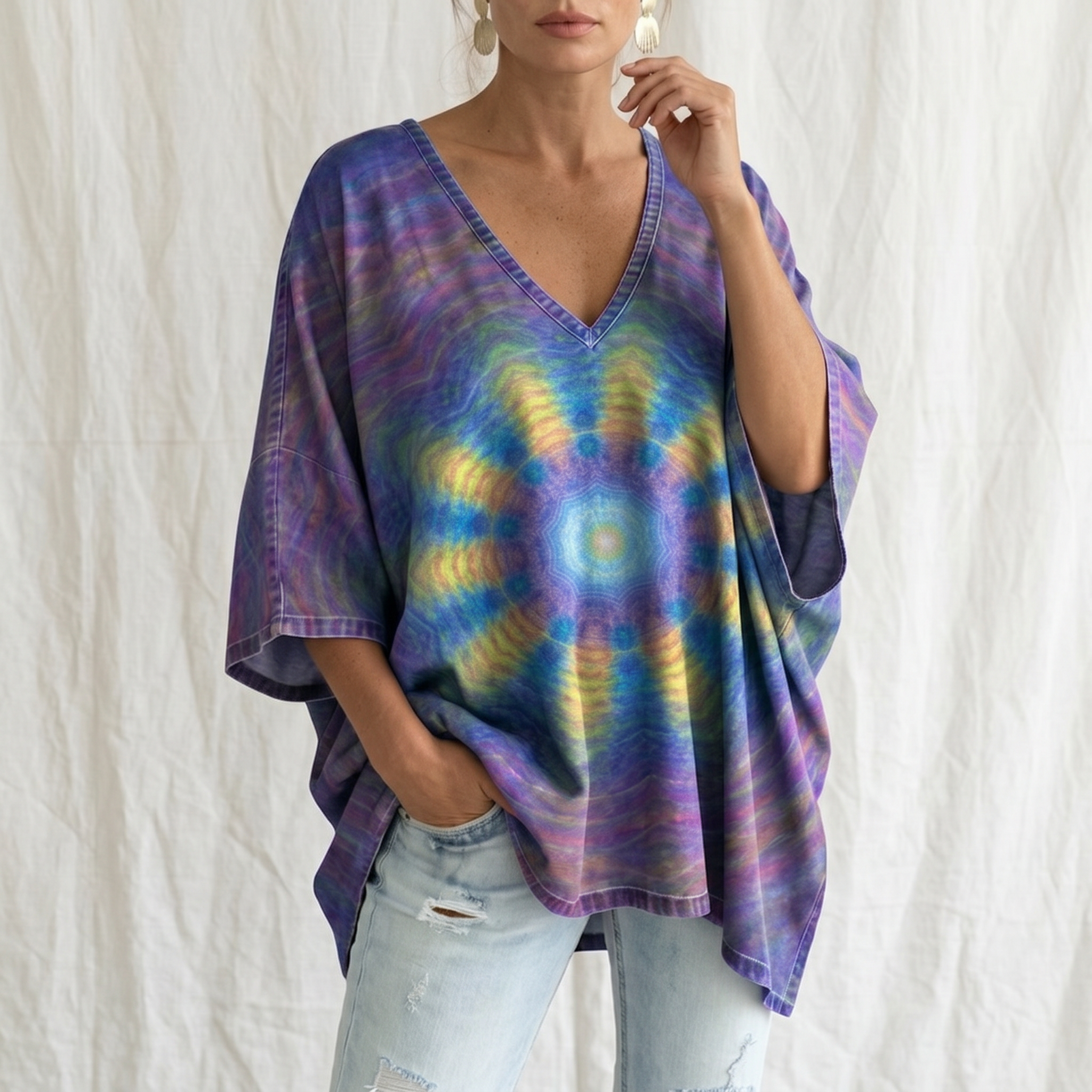 Boho Chic Tie-Dye Denim Poncho Top
