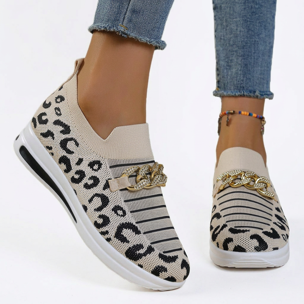 Stella - Leopard Print Slip-On Sneakers with Gold Chain Detail