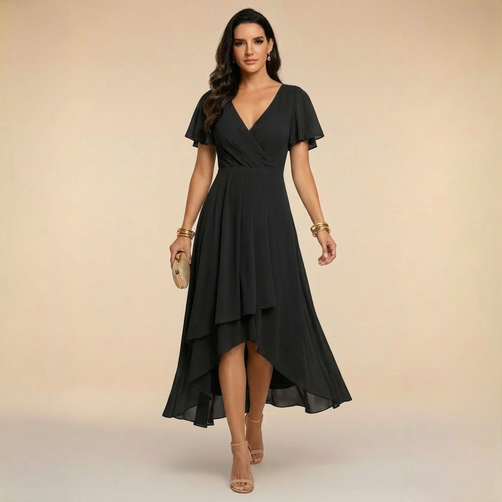 Aurora - Rochie midi în stratificat, cu mâneci scurte tip fluture și tiv asimetric