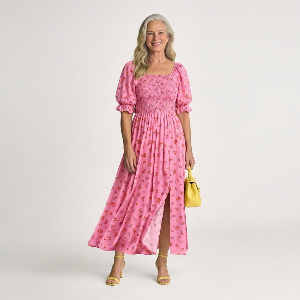 Delphine | Midi Dress with Square Neckline and Floral Puff Sleeves