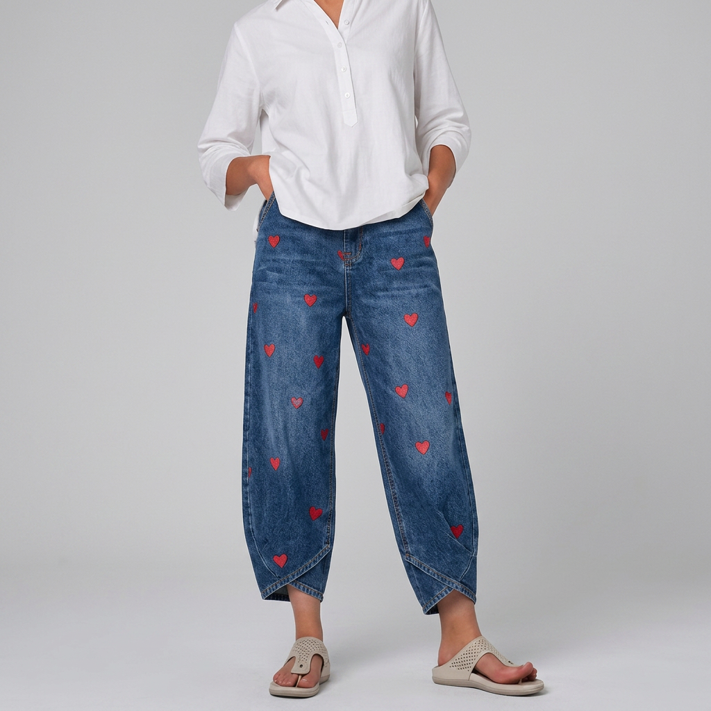 Clara | Heart Print Barrel-Leg Pants