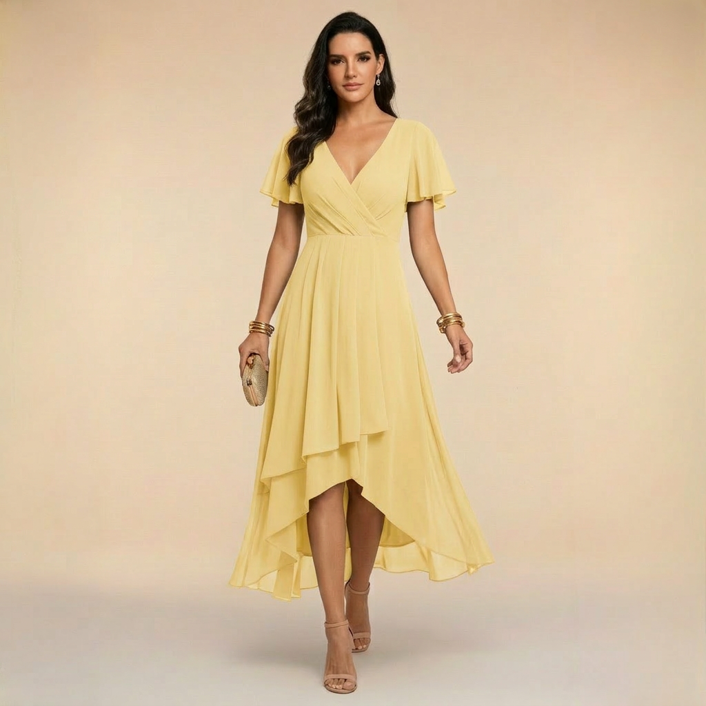 Aurora - Rochie midi în stratificat, cu mâneci scurte tip fluture și tiv asimetric