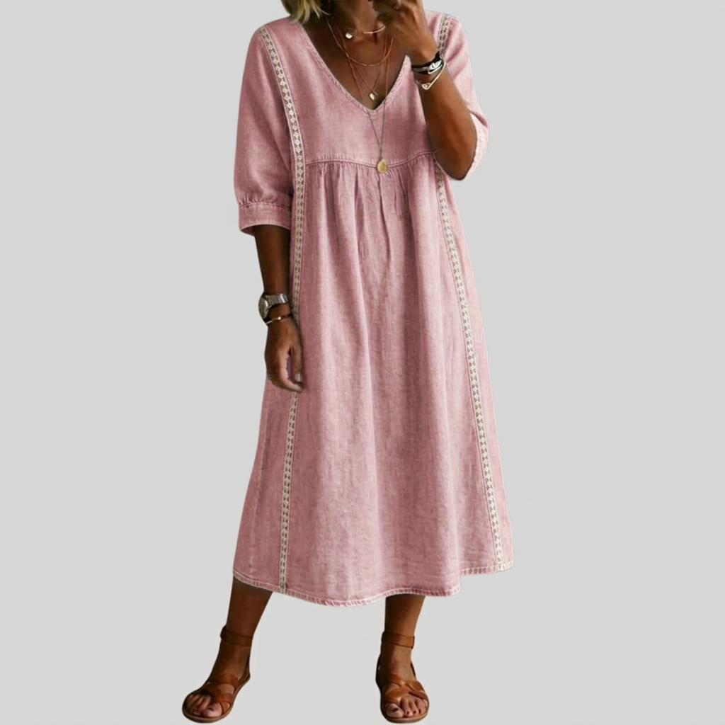 Elena – Elegant Lace Trim Dress in Cotton-Linen Blend