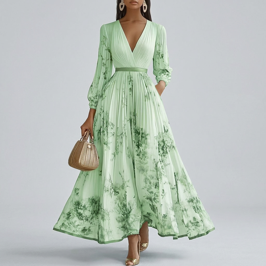 Flora - Floral Print Long Sleeve V-Neck Maxi Dress