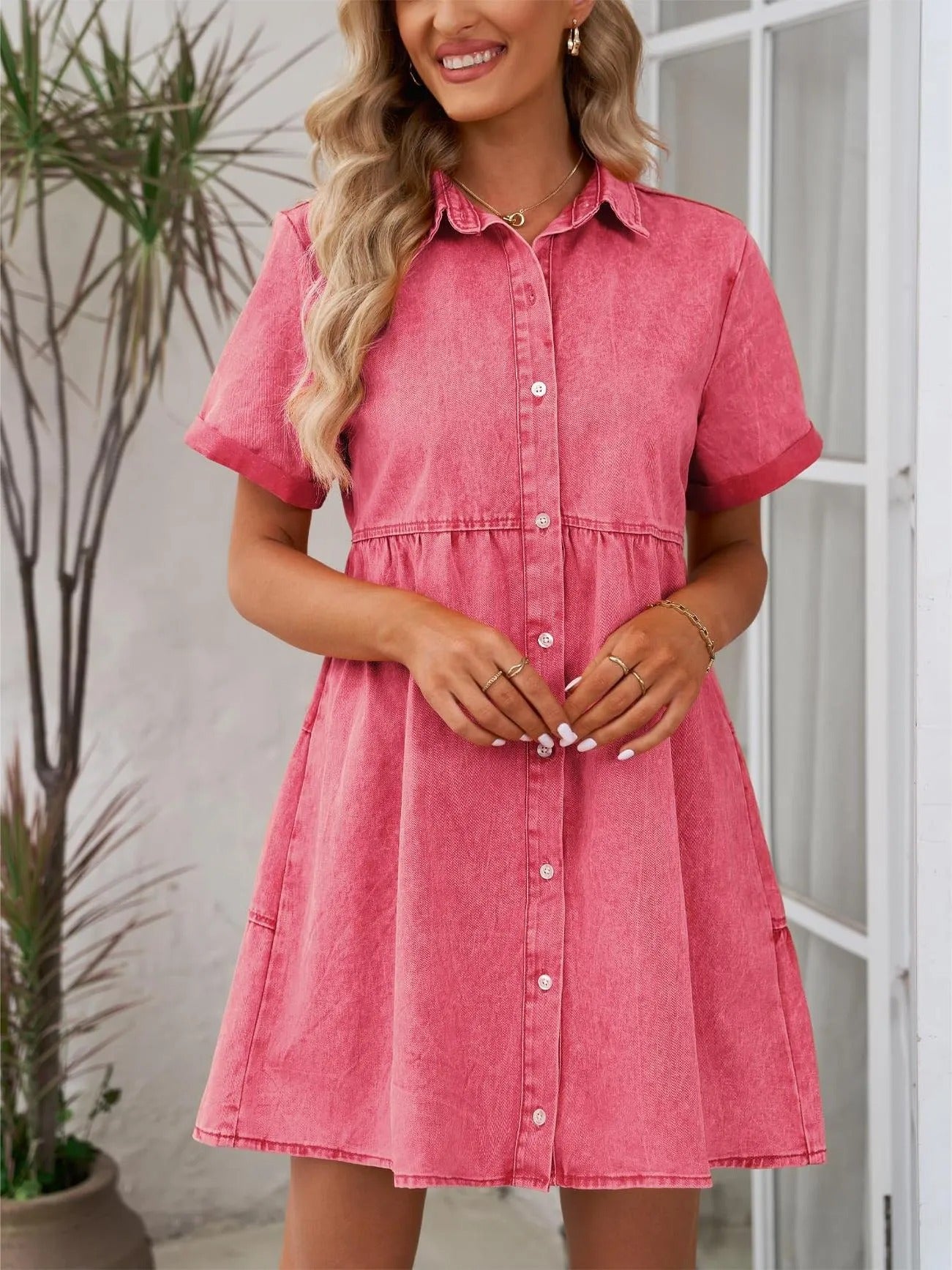 Rochie de blugi spălăciți cu volane și guler, stil european și american