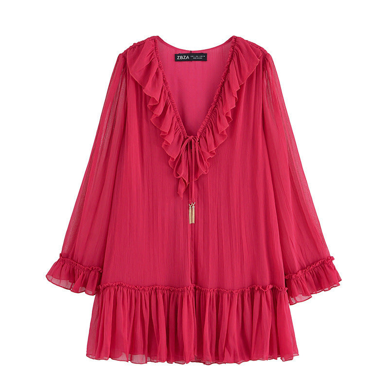 Julia | Ruffle Trim Mini Dress with Tassel Tie & Flared Sleeves