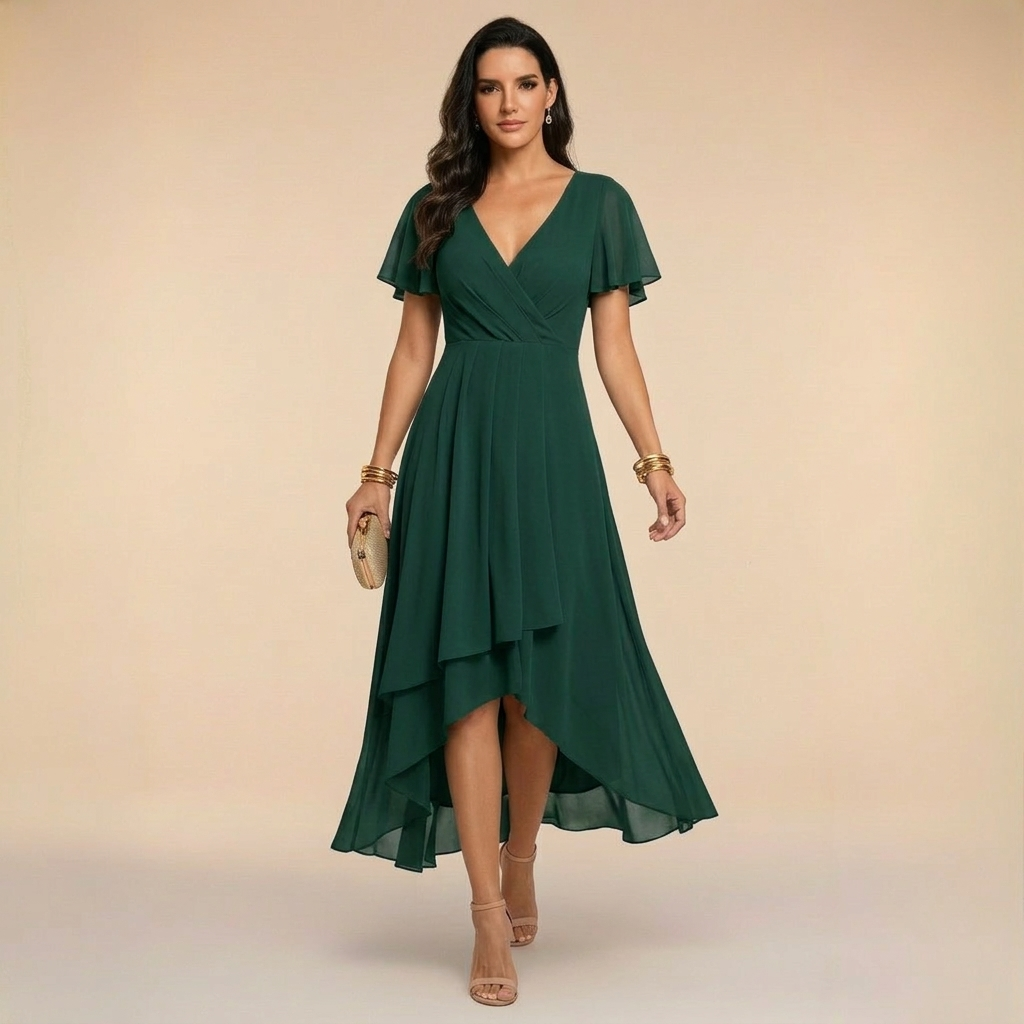 Aurora - Rochie midi în stratificat, cu mâneci scurte tip fluture și tiv asimetric